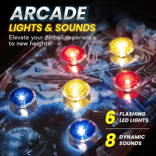 Vista 3 de New Era Pinball Game Black - Máquina interactiva de pinball de mesa o piso para niños y adultos - Puntuación LED, luces y sonidos, juego