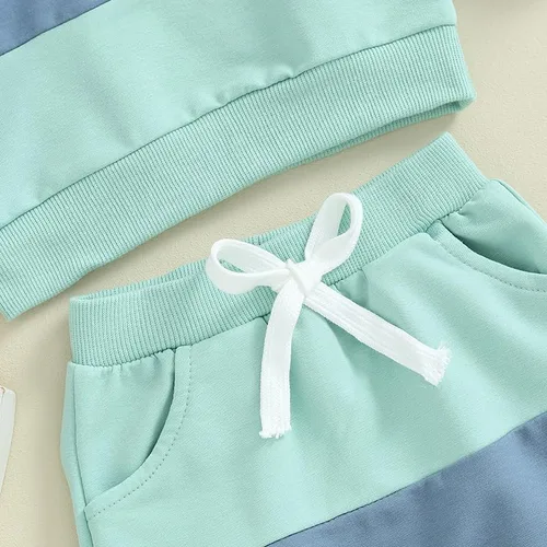 Vista 6 de Conjunto de pantalones para bebés y niños, sudadera larga con capucha y bloques de color, conjunto de ropa para otoño e invierno