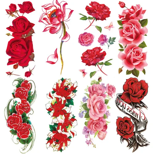 Vista 12 de Tatuaje temporal impermeable de 10 brazos rosa rojo rosa rosa flor grúa palabras + 7 hojas de cuello lindo hoja de nube