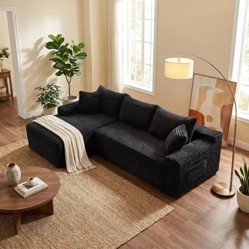 Vista 11 de Sofá comprimido de esquina izquierda en forma de L de 105 pulgadas, modular sin hueso, sofá de espuma de piso con diván, sofá de pana en esquina sin