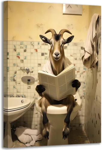 Vista 29 de GLOKAKA Lienzo decorativo para baño, diseño divertido de alpaca sentado en el inodoro, leyendo periódico, arte de pared, humor, granja, animal, arte