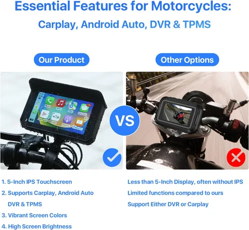 Vista 4 de DVR de motocicleta: Apple Carplay inalámbrico, Android Auto, TPMS, cámaras Dual HD 1080P, GPS, sensor G, Siri y Google Voice, pantalla táctil IPS