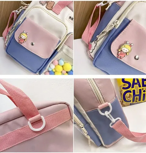 Vista 6 de Mochila Kawaii con dije de peluche, bonita bolsa cruzada estética para mensajero para el regreso a la escuela, suministros para la estación, Azul
