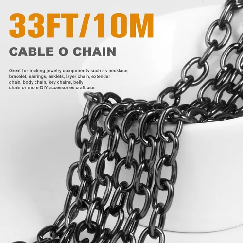 Vista 2 de 33 Pies de Cadenas de Cable Rolo Negro, 4 MM de Cadena de Eslabones O de Cable Ovalado de Aluminio Banado en Negro en Carrete a Granel para Hacer
