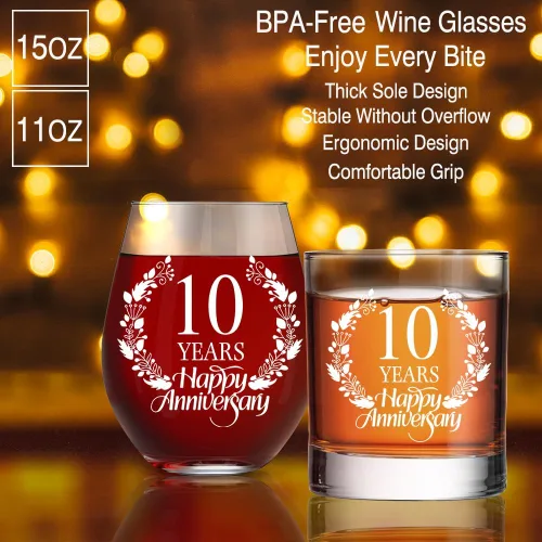 Vista 3 de Perfectinsoy Juego de regalo de copa de whisky y copa de vino sin tallo, regalo de boda para mamá, papá, alma gemela, pareja, regalos de 10 años