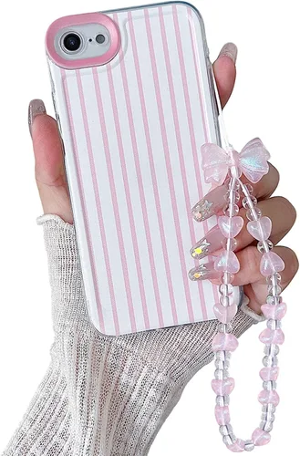 Vista 23 de Bonita funda a rayas para iPhone 6 Plus iPhone 6s Plus con cadena de cuentas, estética suave y delgada, funda protectora de poliuretano