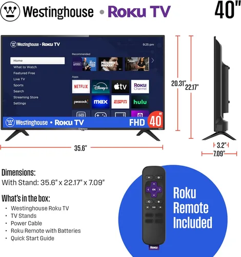 Vista 5 de Westinghouse Roku TV - Smart TV de 40 pulgadas, televisor FHD 1080P con conectividad Wi-Fi y aplicación móvil, pantalla plana, Bluetooth, compatible