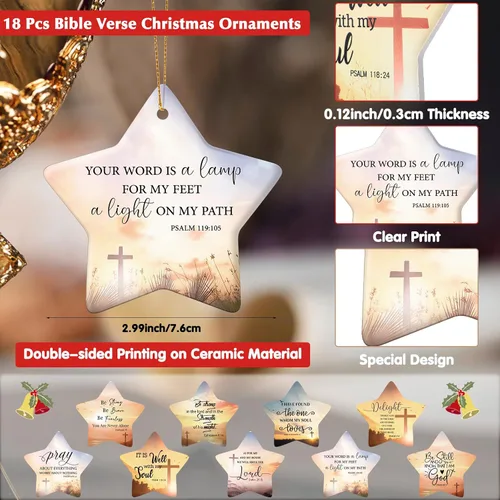 Vista 2 de Barydat 18 adornos de Navidad cristianos, versículo de la Biblia, adornos de cerámica para árbol de Navidad, en forma de estrella, escritura