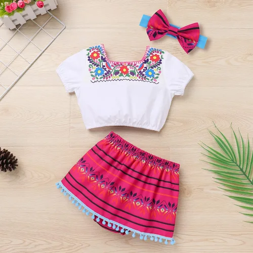 Vista 2 de IBTOM CASTLE Traje de fiesta tradicional mexicana para niña con falda bordada para pañales, ropa para sesión de fotos