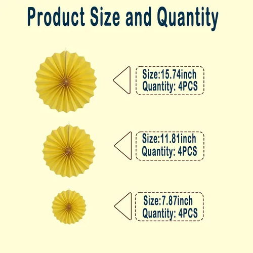 Vista 2 de HQZ Juego de 12 abanicos de papel para colgar en fiestas amarillas, juego de 12 abanicos de papel para colgar abanicos de papel, manualidades