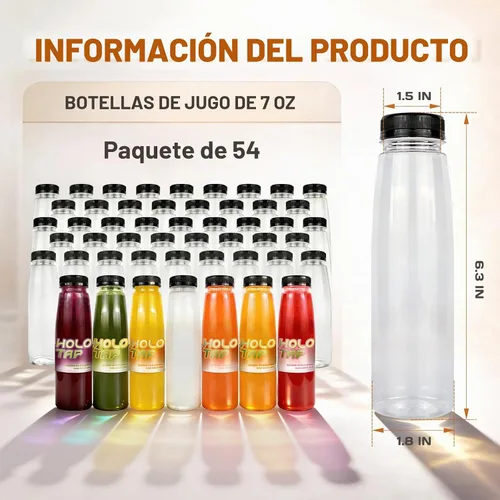 Vista 2 de Holotap Paquete de 54 botellas de plástico de 7 onzas con tapas, botellas vacías de plástico desechables para jugos de PET a granel para líquidos