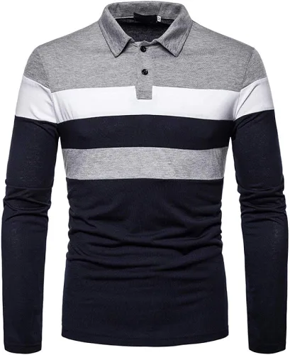 Vista 2 de HHGKED Camisas polo de manga corta y larga para hombre estilo casual de algodón con bloques de color a la moda