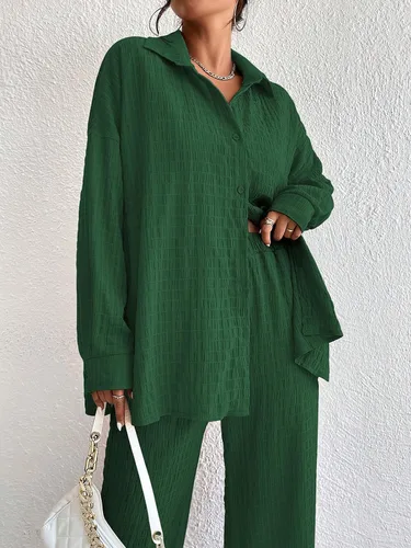 Vista 3 de Conjunto de pantalones para mujer, 2 piezas, casual, de manga larga, con botones, ropa de descanso