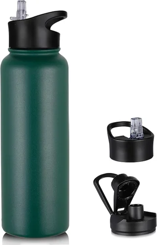 Vista 75 de Botella de agua aislada de 64 onzas con tapas de pajita y boquilla, jarra de agua de acero inoxidable de medio galón con mango de paracord, vacío
