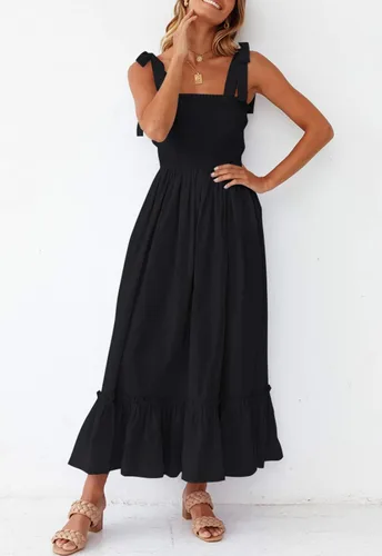 Vista 4 de ZESICA vestido bohemio y liso de verano para mujer acampanado con tirantes delgados cuello cuadrado y volantes vestido largo para la playa
