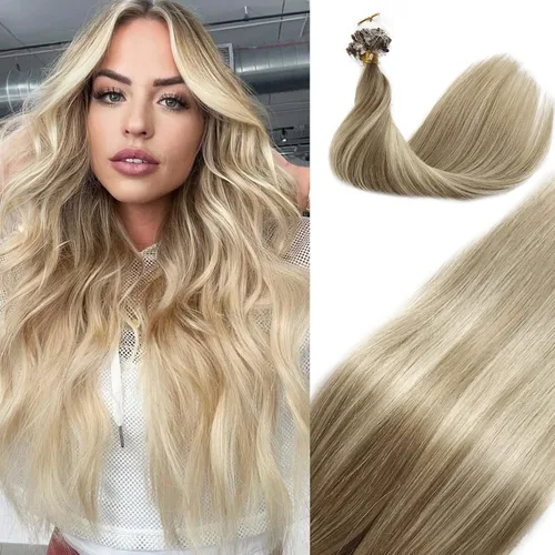 Vista 10 de Extensiones de cabello Microlink con reflejos, cabello humano lacio de 14 pulgadas, rubio caramelo resaltado, 50G/50S