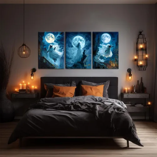 Vista 4 de 3 piezas de lienzo de bruja fantasma de Halloween, arte de pared espeluznante y espeluznante melancolía, fantasma azul, gato negro, decoración