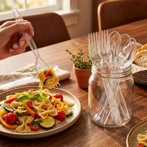 Vista 7 de 100 Count Extra Heavy Duty Clear Plastic Forks and Spoons Set