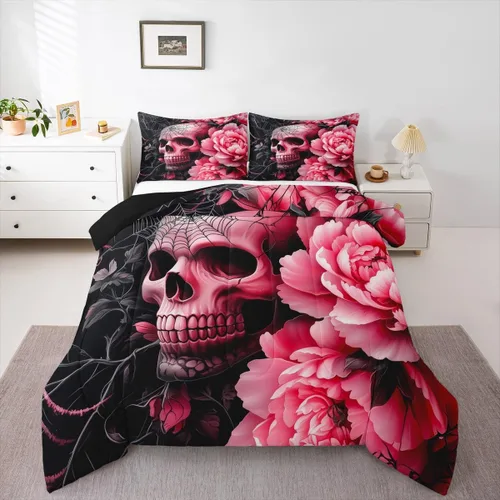 Vista 16 de Juego de edredón de polilla de la muerte, juego de ropa de cama tamaño individual, diseño de calavera gótica, flores botánicas, juego de edredón