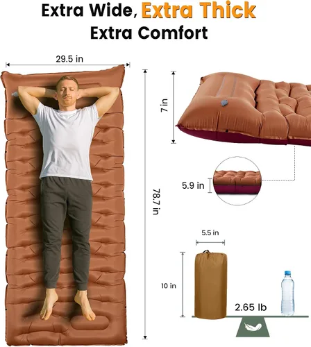 Vista 4 de Colchoneta de dormir para campamento, de 5.9 pulgadas de grosor, con almohada integrada y bomba de pie, almohadilla de dormir autoinflable
