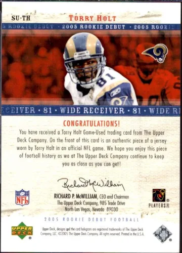 Vista 2 de Torry Holt Card 2005 Upper Deck Rookie Debut Sunday Swatches #SUTH