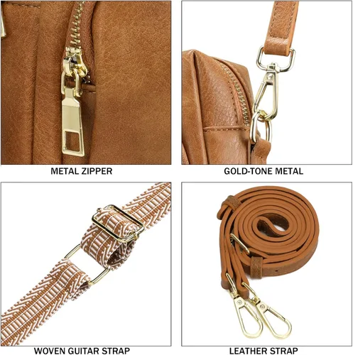 Vista 7 de Bolsos cruzados pequeños para mujer, bolsos cruzados de viaje de cuero vegano, bolsos de hombro con correa de guitarra y correa de cuero