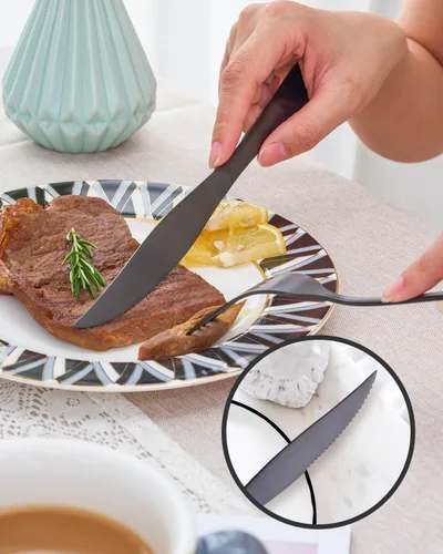 Vista 6 de Juego de cubiertos negros mate con cuchillos para carne, juego de cubiertos de acero inoxidable de 36 piezas para 6, moderno juego de cubiertos