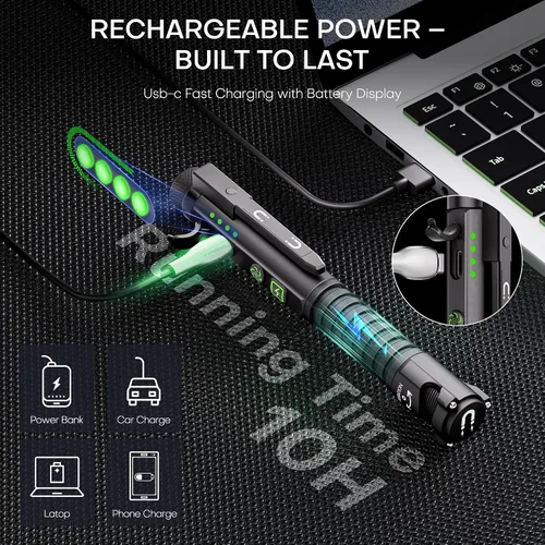 Vista 3 de Linterna EDC recargable, linterna pequeña de 800 lúmenes con clip magnético y base, linterna LED de 11 modos, rompedor de vidrio y abridor