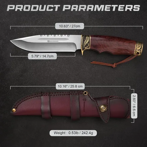 Vista 8 de DRACHENADER Cuchillo de caza de hoja fija con funda de cuero horizontal YU-LN, cuchillo de bushcraft de 10.63 pulgadas para hombres con mango