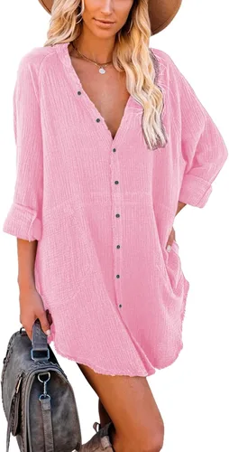 Vista 2 de iGENJUN Vestido tipo túnica de manga larga para mujer, con botones, de gran tamaño, estilo bohemio, con bolsillos