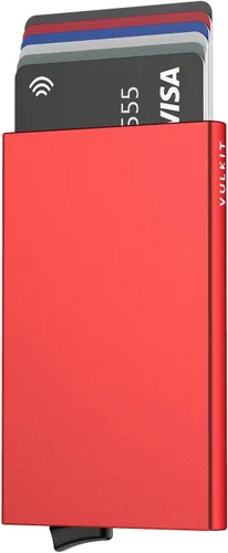 Vista 7 de VULKIT Cartera desplegable, soporte minimalista para tarjetas de crédito, bloqueo RFID, funda de metal delgada para hombres