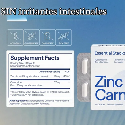 Vista 5 de Essential Stacks Suplemento de zinc carnosina de 75 mg - Probado por