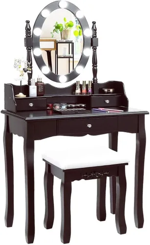 Vista 8 de Byroce - Juego de tocador con taburete acolchado, mesa de maquillaje con espejo ovalado iluminado giratorio de 360°, 3 cajones, 10 luces LED