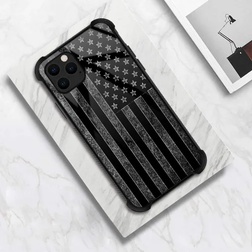 Vista 6 de ZHEGAILIAN Funda compatible con iPhone 12/12 Pro, bandera estadounidense en blanco y negro, parte trasera de vidrio templado + funda híbrida de TPU
