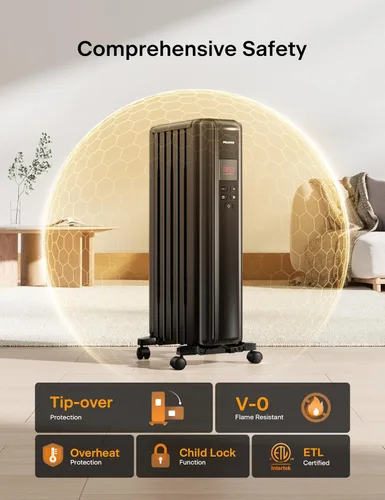 Vista 7 de PELONIS Calentador de Radiador Lleno de Aceite para Uso en Interiores Habitación Grande con Control Remoto, Calentador de Espacio Eléctrico