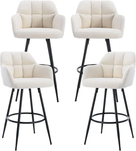 Vista 17 de ROCITY Juego de 2 taburetes de bar de terciopelo con respaldo, silla de bar beige para isla de cocina, taburetes de bar modernos con patas de metal