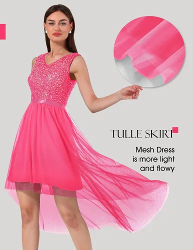 Vista 4 de BeryLove - Vestido formal, sin mangas, con encaje, holgado y por debajo de la rodilla para mujer, para fiesta, verano, boda y cóctel