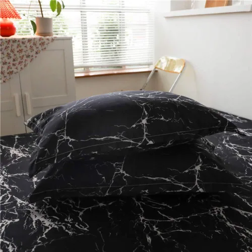 Vista 3 de Juego de sábanas bajeras con estampado de mármol, tamaño individual, elegante, de lujo, color negro, para niños, adolescentes, adultos, decoración