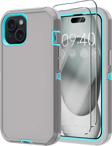 Vista 10 de Funda para iPhone 15 con 2 Protectores de Pantalla, Protección Contra Caídas a Prueba de Golpes, Cuerpo Completo, Uso Pesado, 3 Capas, Militar Negro