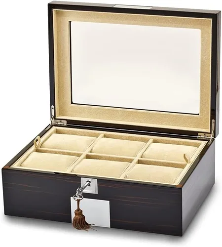 Vista 2 de Diamond2Deal Bandeja elevadora para reloj de chapa de ébano de alto brillo y joyero, Blanco