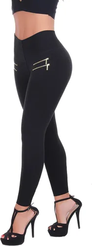 Vista 3 de Leggings de algodón para mujer con cremalleras con moldeador interno de cuerpo y levantador de glúteos, múltiples estilos 1172/Negro