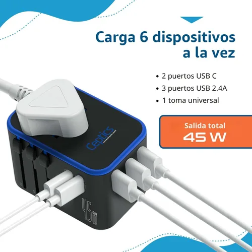 Vista 4 de Ceptics 45W Universal Travel Adapter w/ 3 USB-A, 2 USB-C & Universal Input Negro