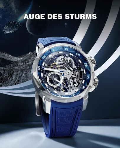 Vista 2 de FEICE FM511 Men's Automatic Skeleton Watch, Luxury Sapphire Crystal Glass Blue Dial Luminous Hands, 5ATM Waterproof Sport Wristwatch with Silicone