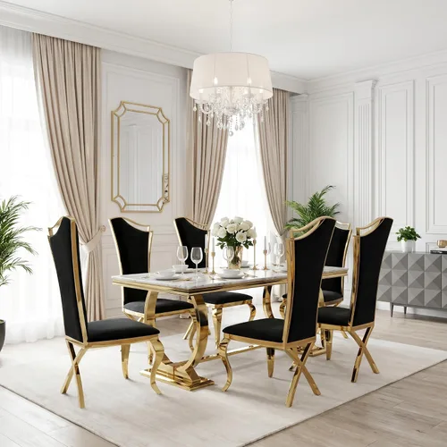 Vista 13 de ACEDÉCOR Juego de mesa de comedor de 5 piezas, mesa de comedor moderna con base en U de metal de acero inoxidable dorado, 4 sillas de comedor