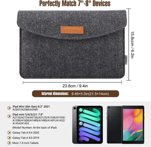 Vista 2 de MoKo Bolsa de 7-8 Pulgadas, Funda Protectora de Feltro para Tablet Portátil Compatible con iPad Mini (A17 Pro) 8.3" 2024, iPad Mini 6/5/4/3/2/1, Gris