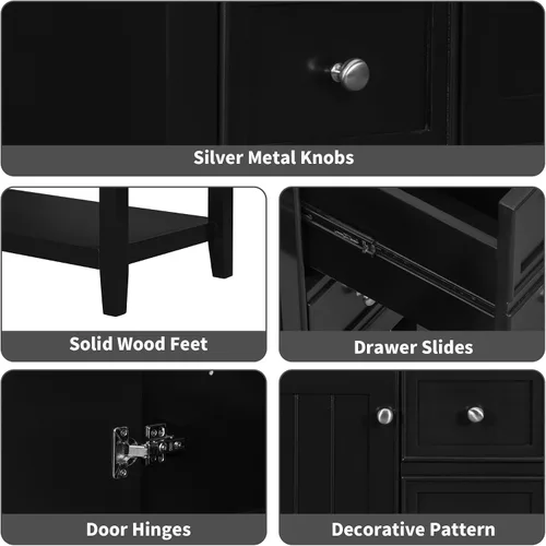 Vista 6 de Merax Mueble de baño de 35.5 pulgadas sin fregadero, solo base de gabinete, armario de baño con puerta individual y 3 cajones, color negro