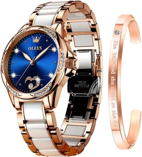 Vista 9 de OLEVS Relojes para mujer, pulsera de cerámica mecánica de cuerda automática, regalo del día del corazón Azul