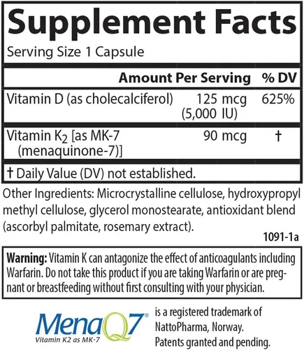 Vista 4 de Carlson - Super D3 + K2, 125 mcg (5000 UI) de vitamina D3, 90 mcg de vitamina K2 como MK-7, soporte óseo, absorción de calcio, 45 cápsulas