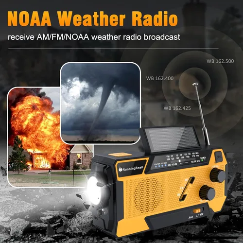 Vista 8 de Radio de emergencia con manivela meteorológica: Radio meteorológica AM/FM/NOAA con 3 cables incorporados - Radio manual con manivela de 2000mAh
