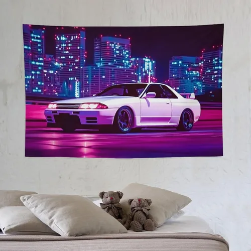 Vista 6 de PailailaiNest Arte de pared Jdm Car White R32 Neon City Night Scene Estética Tapiz colgante de pared para dormitorio, decoración de pared del hogar